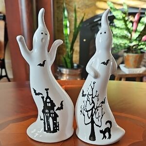 Set of 2 Spooky Ceramic Halloween Ghosts w/Bats, Haunted House, Black Cat Decor